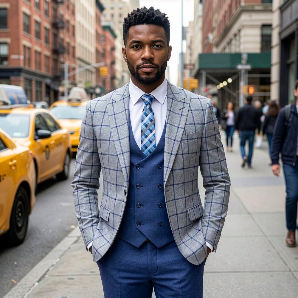New 2026 Mens 3pc Windowpane Grey/Blue Suit Set, Hybrid Fit